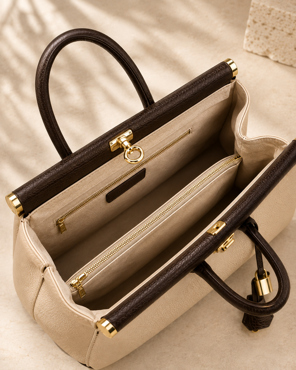 Nora – Bolso de Piel Italiana Auténtica | Made in Italy | Crema y Marrón