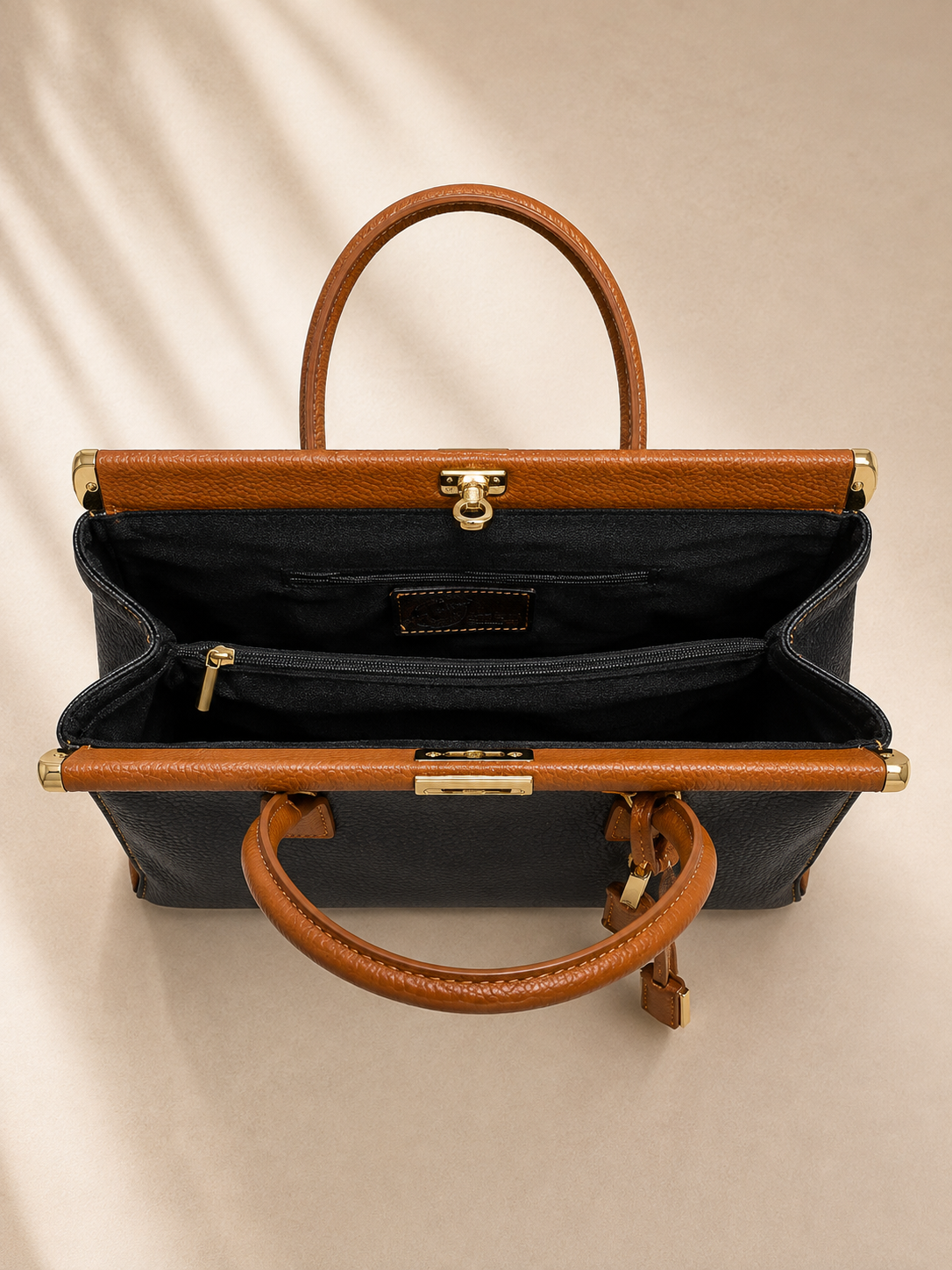 Nora – Bolso de Piel Italiana Auténtica | Made in Italy | Negro y Camel