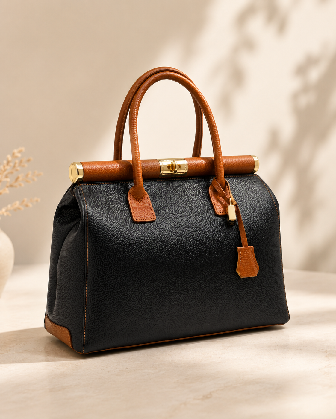 Nora – Bolso de Piel Italiana Auténtica | Made in Italy | Negro y Camel