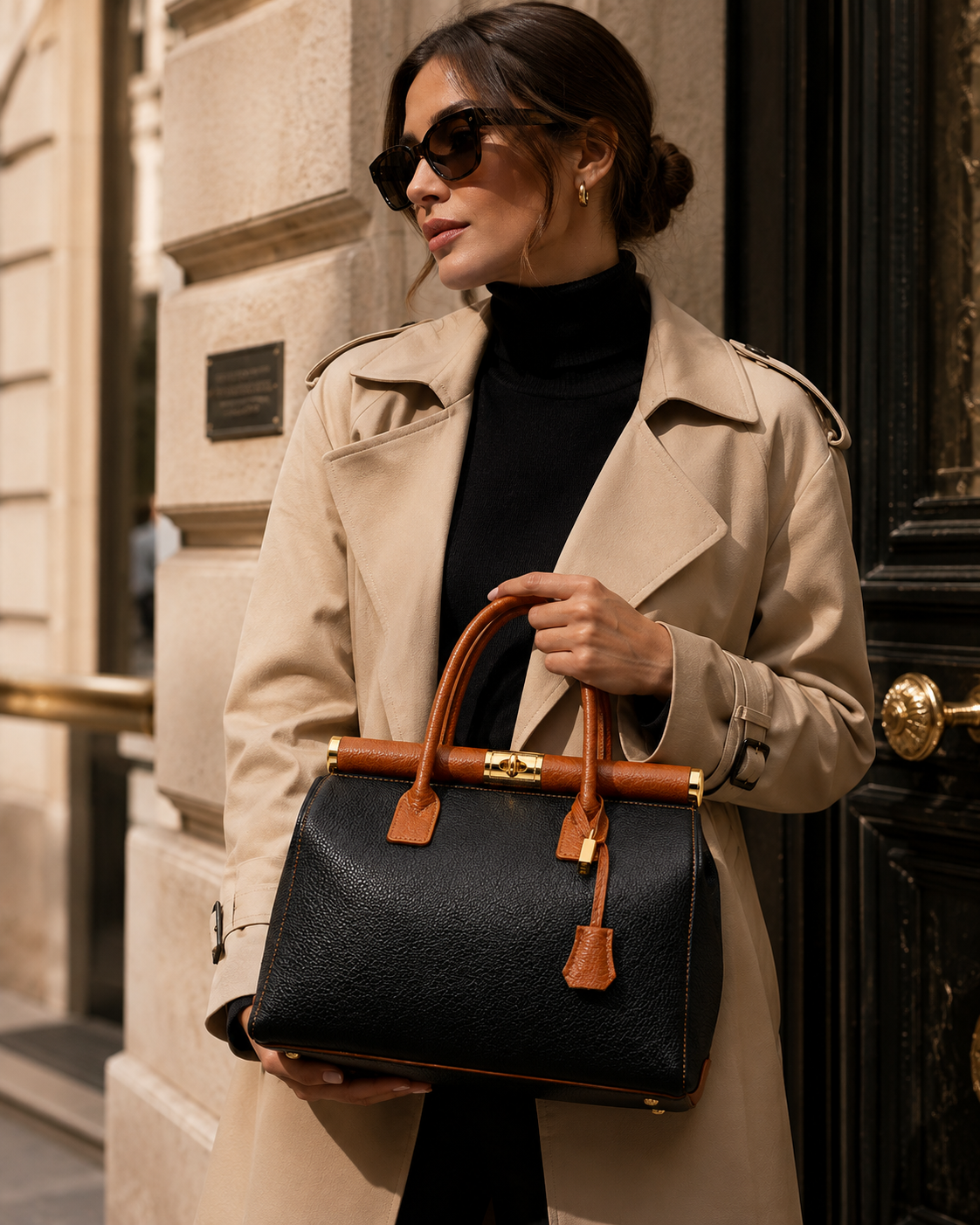 Nora – Bolso de Piel Italiana Auténtica | Made in Italy | Negro y Camel