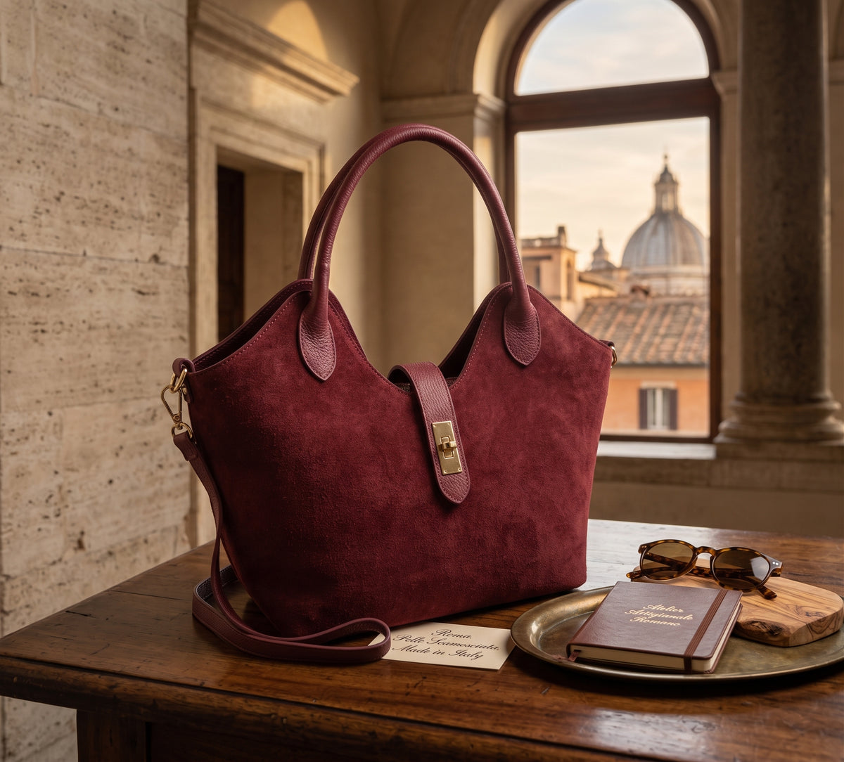 Bolso de Piel de Ante Burdeos Roma Made in Italy – Artesanía Italiana