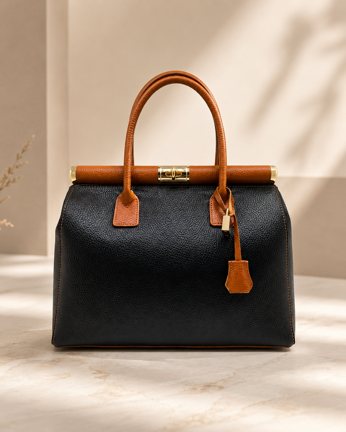 Nora – Bolso de Piel Italiana Auténtica | Made in Italy | Negro y Camel